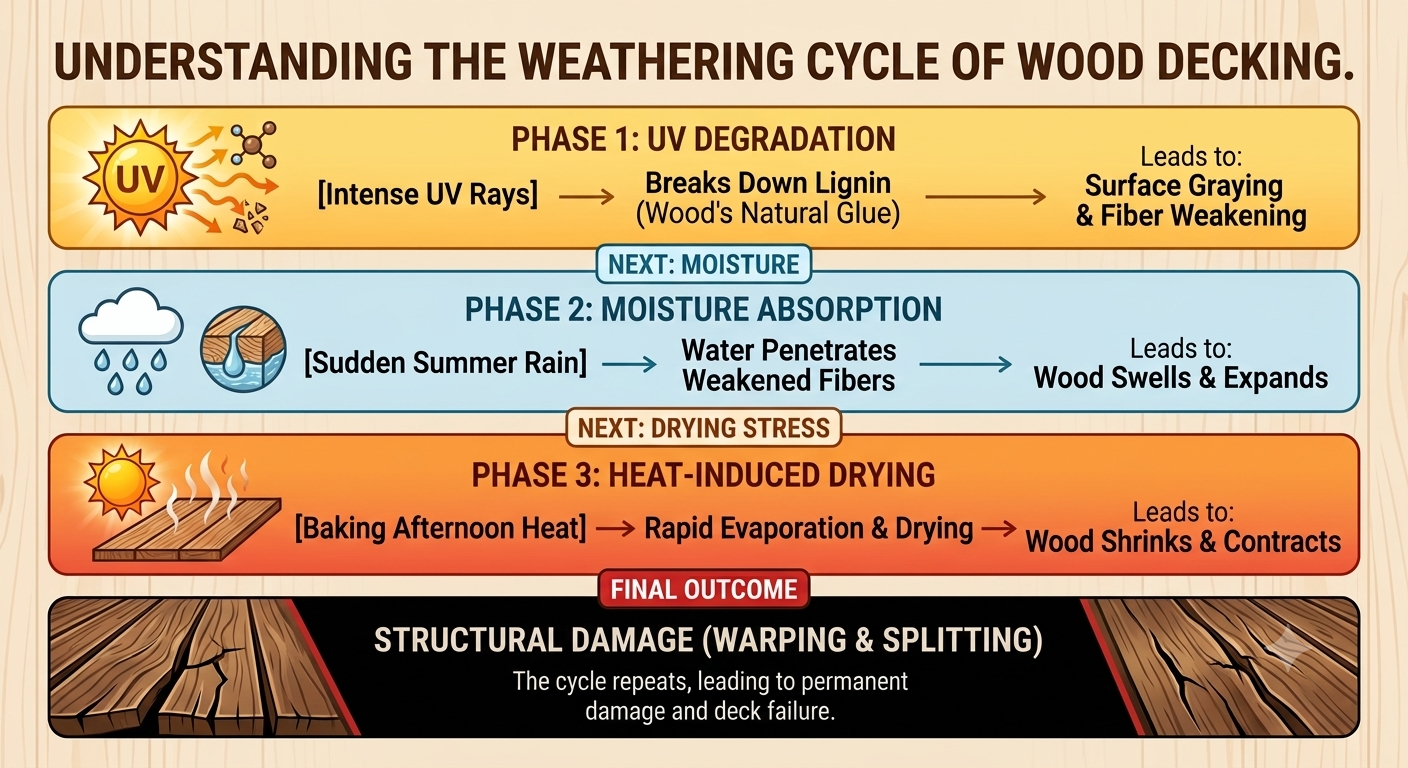 Infographic on weathering cycle of wood decking, showing UV damage, moisture absorption, heat, and structural damage.
