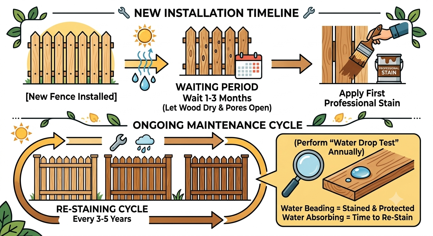 Diagram of fence staining timeline: new install, waiting period, first coat, ongoing maintenance, and restaining cycle.