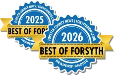 Two overlapping blue-and-gold “Best of Forsyth” Readers’ Choice award badges for 2025 and 2026