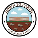 Logo for Down to Earth Fence and Paint with a white fence over brown ground, rocks, blue sky, and clouds