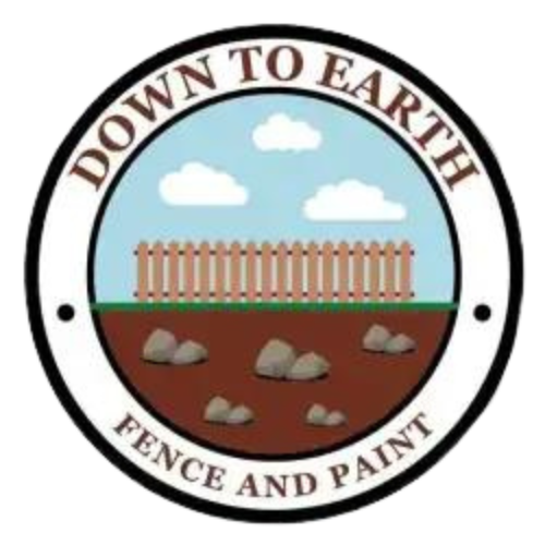 Logo for Down to Earth Fence and Paint with a white fence over brown ground, rocks, blue sky, and clouds