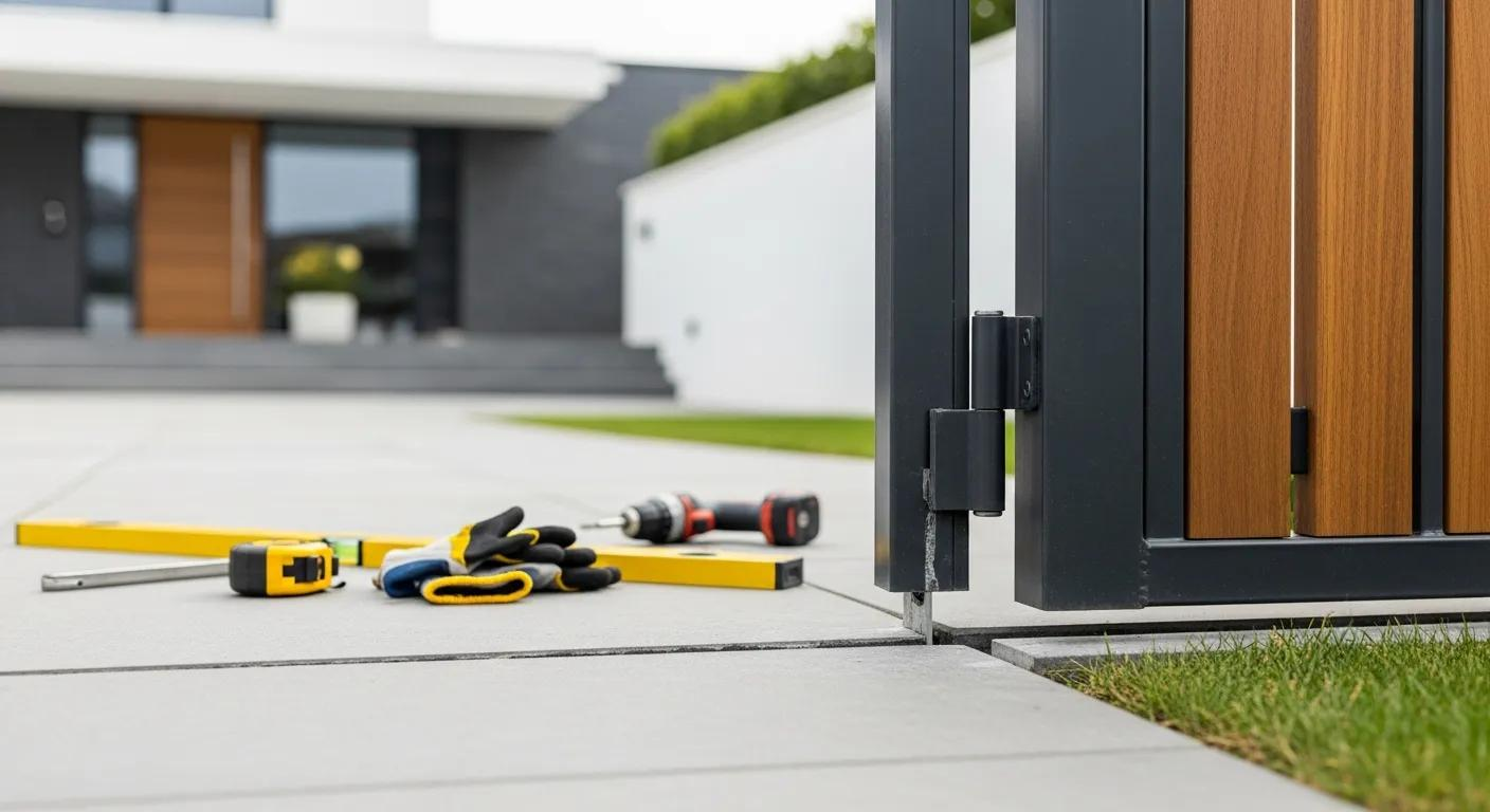 Tools and partially installed gate on a paved driveway in front of a modern home.