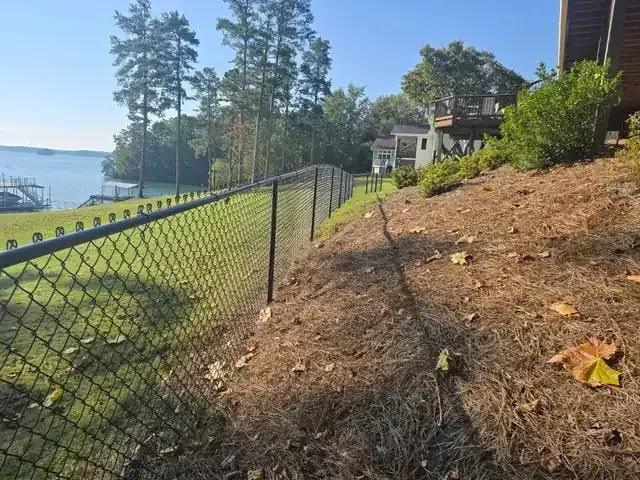 Chain-link fence along grassy lakeside slope with trees and a house on the right in sunny daylight