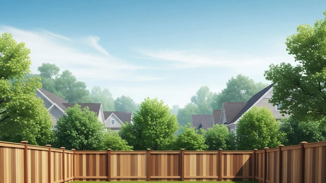 Wooden fence of green suburban backyard with trees and house rooftops under a clear sky
