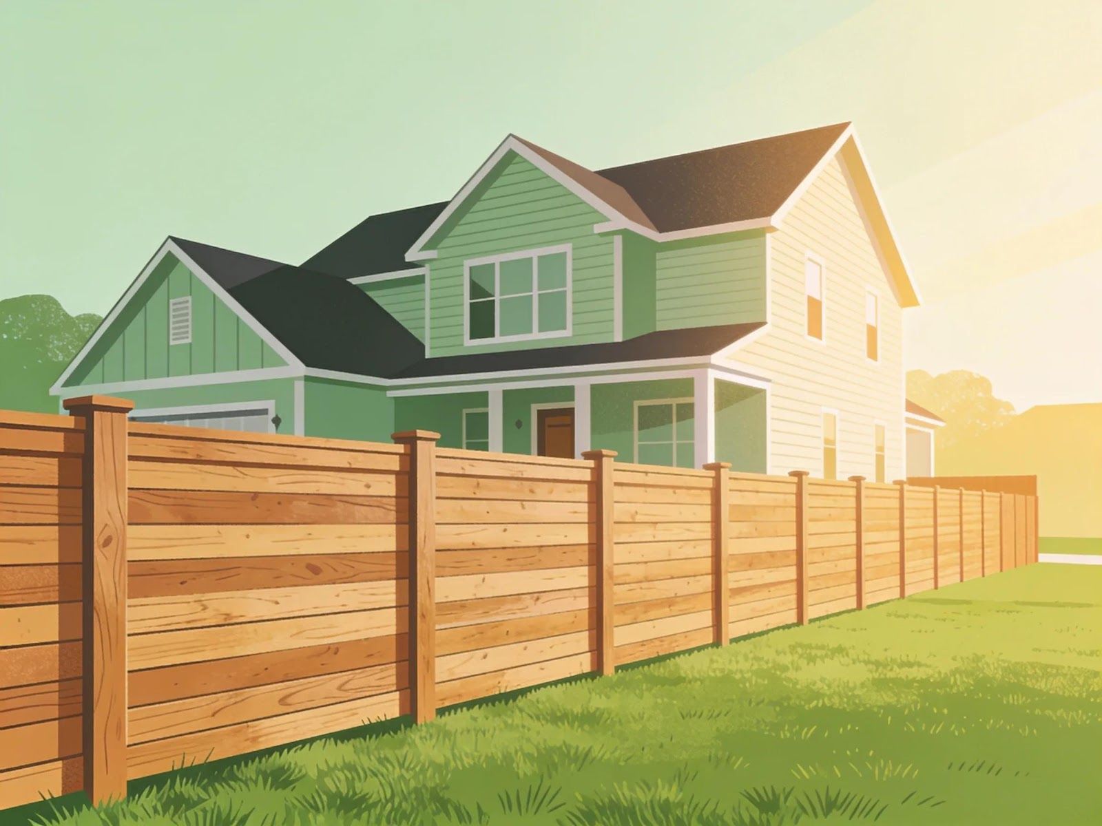 Wooden privacy fence beside green houses in a sunny suburban yard.