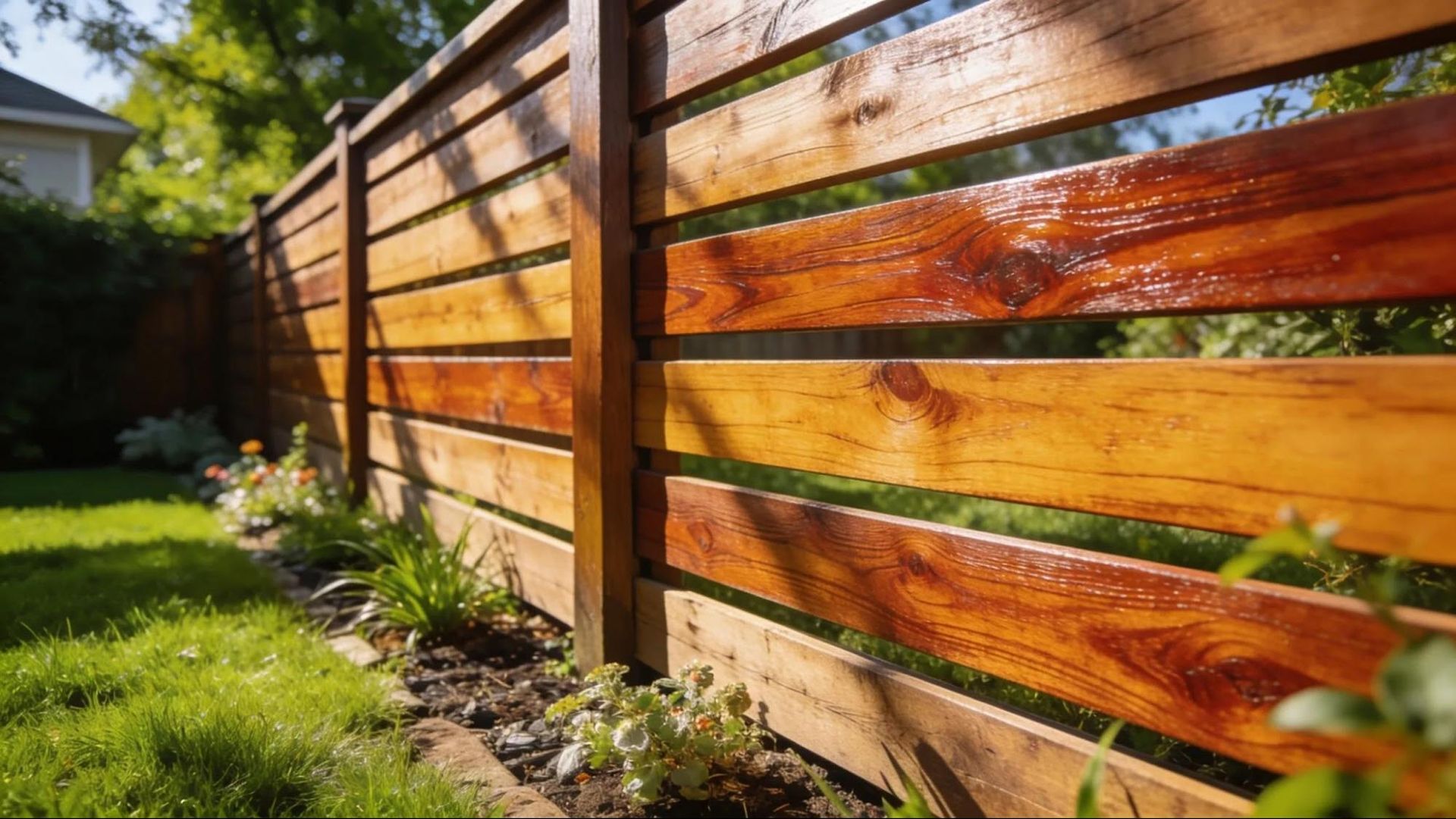 Sunlit wooden fence with horizontal slats beside a green lawn and garden bed