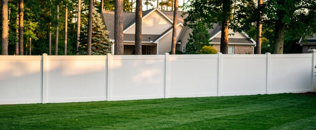 White fence with green lawn in front of a house among tall trees at sunset