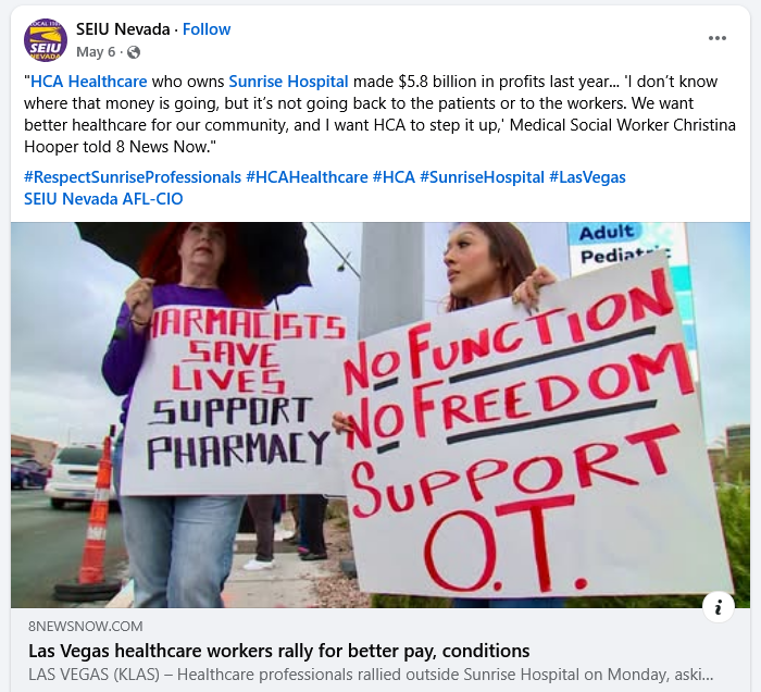 HCA Healthcare profits not going to patients or workers. Employees rally for better pay and better working conditions, May 6, 2025.
