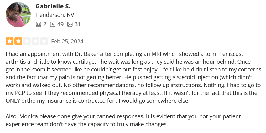 Nevada Orthopedic, complaint by Gabrielle St, posted on 02-25-2024.