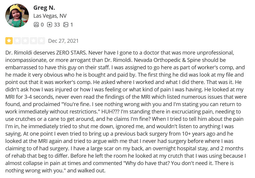 Nevada Orthopedic, complaint by Greg N, posted on 12-27-2021.