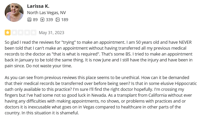 Nevada Orthopedic, complaint by Larissa K, posted on 05-31-2023.