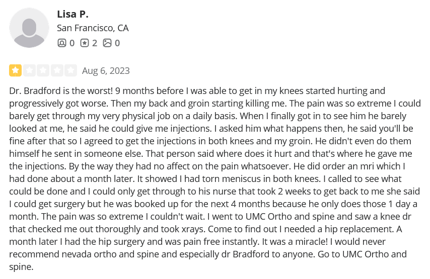 Nevada Orthopedic, complaint by Lisa P, posted on 08-06-2023.