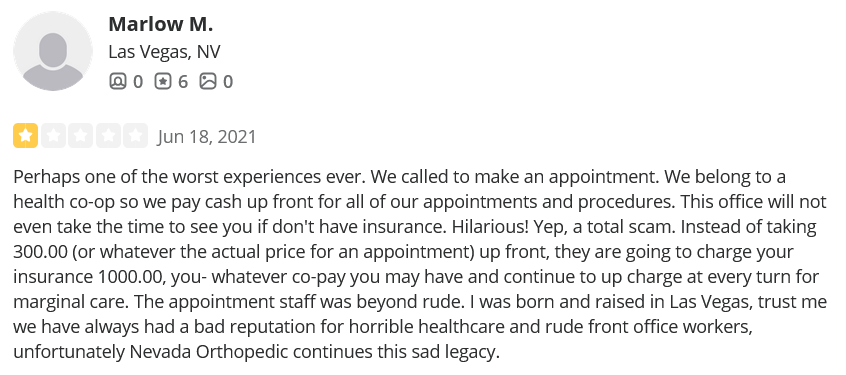Nevada Orthopedic, complaint by Marlow M, posted on 06-18-2021.