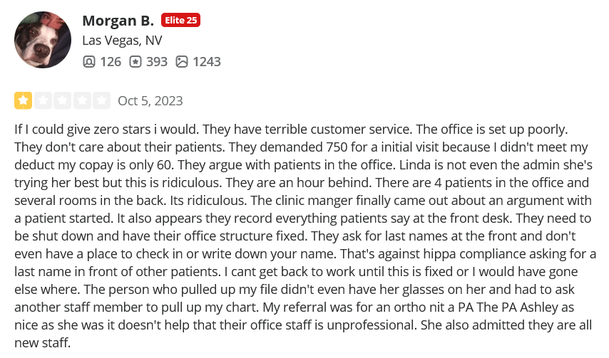 Nevada Orthopedic, complaint by Morgan B, posted on 10-05-2023.