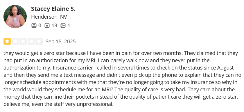 Nevada Orthopedic, complaint by Stacey Elaine, posted on 09-18-2025.