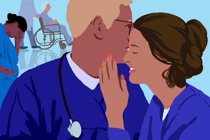 Sunrise Hospital. Patient 117. Stock photo illustrating hospital employees gossiping.
