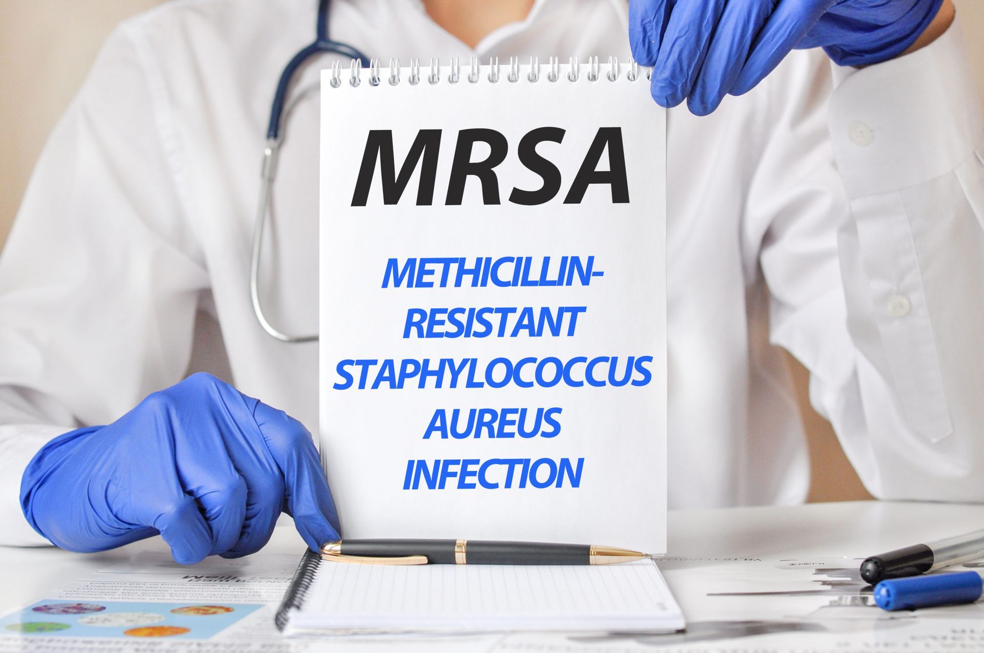 Sunrise Hospital. Patient-195 acquired MRSA which caused an abscess, sores, hole in her leg and eating her bone
