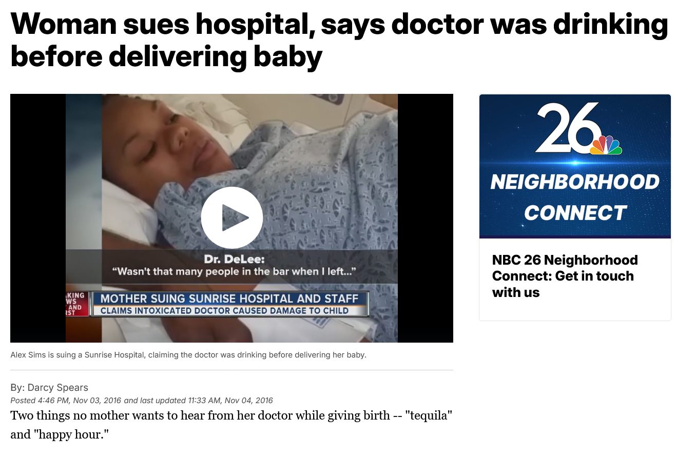 Sunrise Hospital, Patient-250, Dr. Frank Lee drinking before delivery and caused injury to the infant