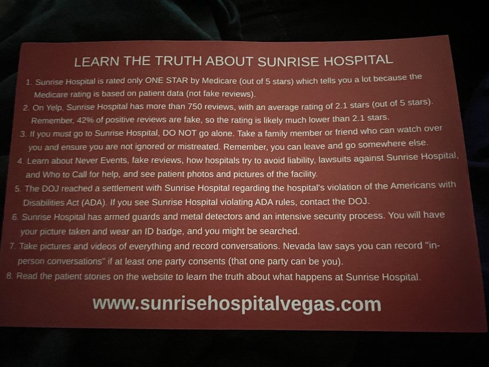Sunrise Hospital, Patient-324, WARNING. NEVER GO ALONE. Back of postcard. Sunrise Hospital, Patient-324, WARNING. NEVER GO ALONE. Back of postcard.