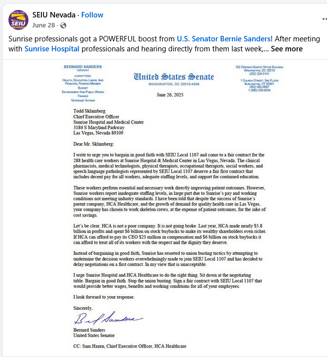 Senator Bernie Sanders asks Sunrise Hospital CEO to reach a fair contract with employees, including decent pay and adequate staffing levels, July 26, 2025.