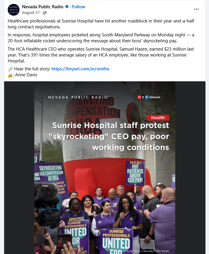Sunrise Hospital employees protest skyrocketing CEO pay, August 17, 2025.