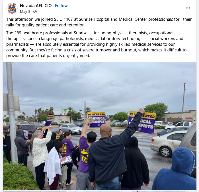 Sunrise Hospital employees rally for quality patient care and employee retention on May 5, 2025, due to severe turnover and burnout.