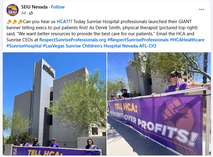 Sunrise Hospital employees launch a giant banner on August 8, 2025, to show their solidarity and send their message to HCA Healthcare. Put patients first.