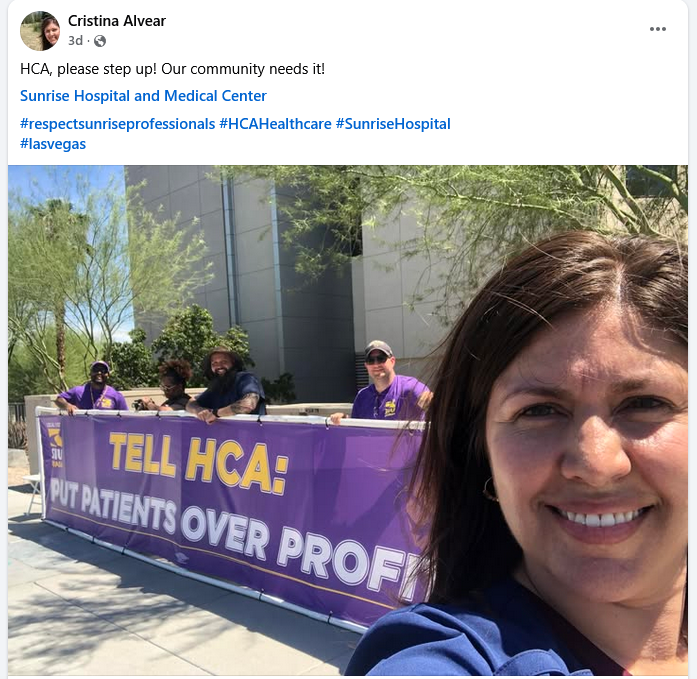 Sunrise Hospital employees tell HCA Healthcare to put patients over profits, August 8, 2025.