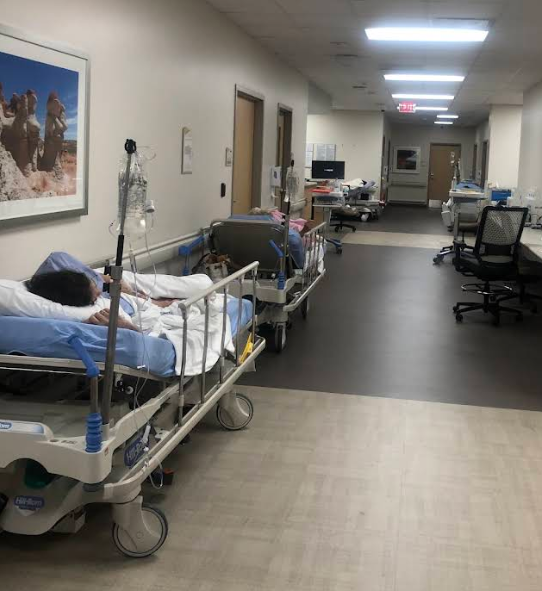 Sunrise Hospital, patients on gurneys in the hallway, December 2019