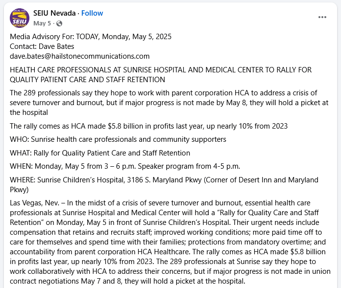Sunrise Hospital employees rally on May 5, 2025. Asking for fair compensation, improved working conditions, protections from mandatory overtime, and accountability from HCA Healthcare.