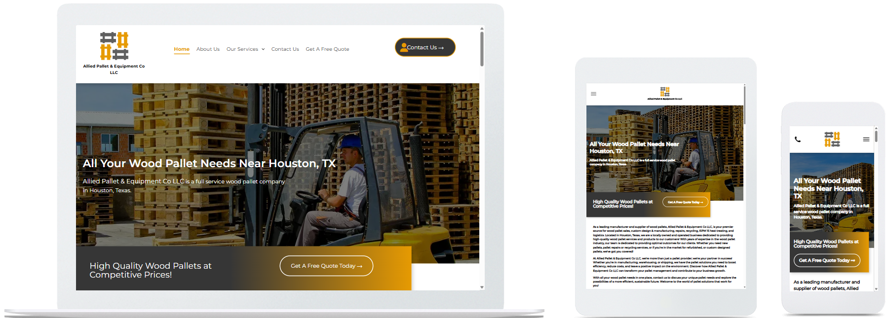 allied pallet & equipment co. llc website displayed on a desktop, tablet and a cell phone view