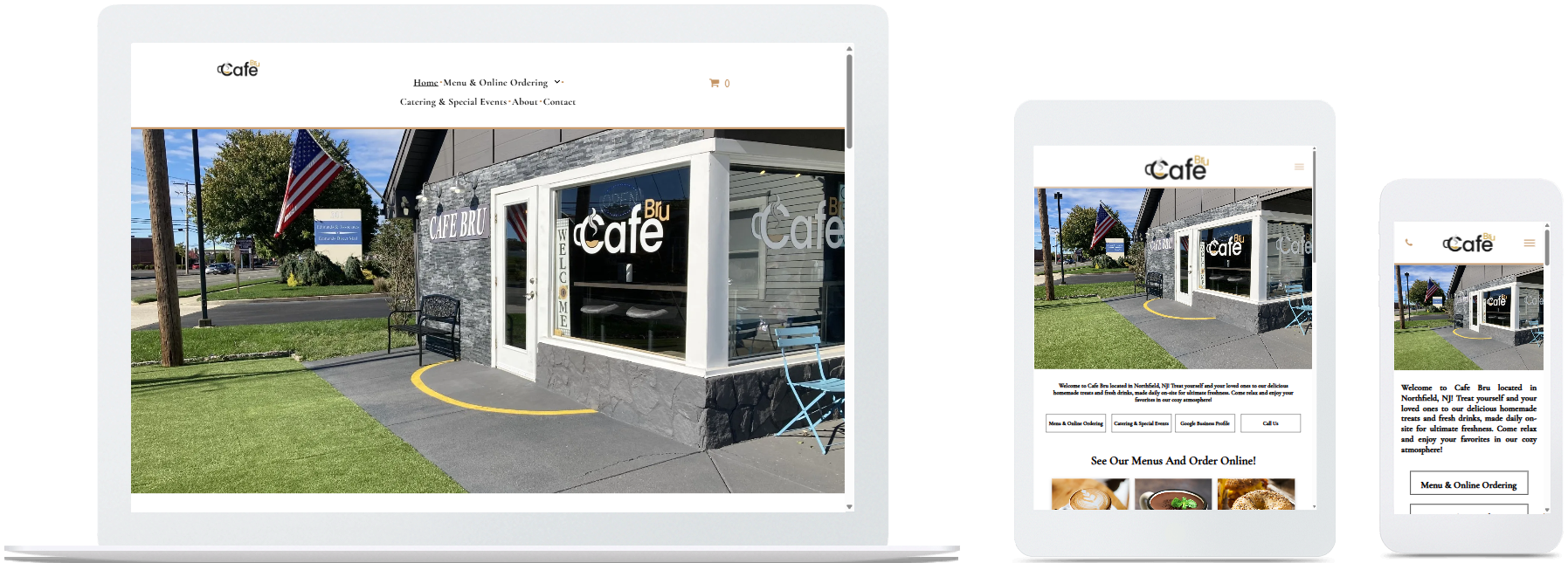 cafe bru website displayed on a desktop, tablet and a cell phone view