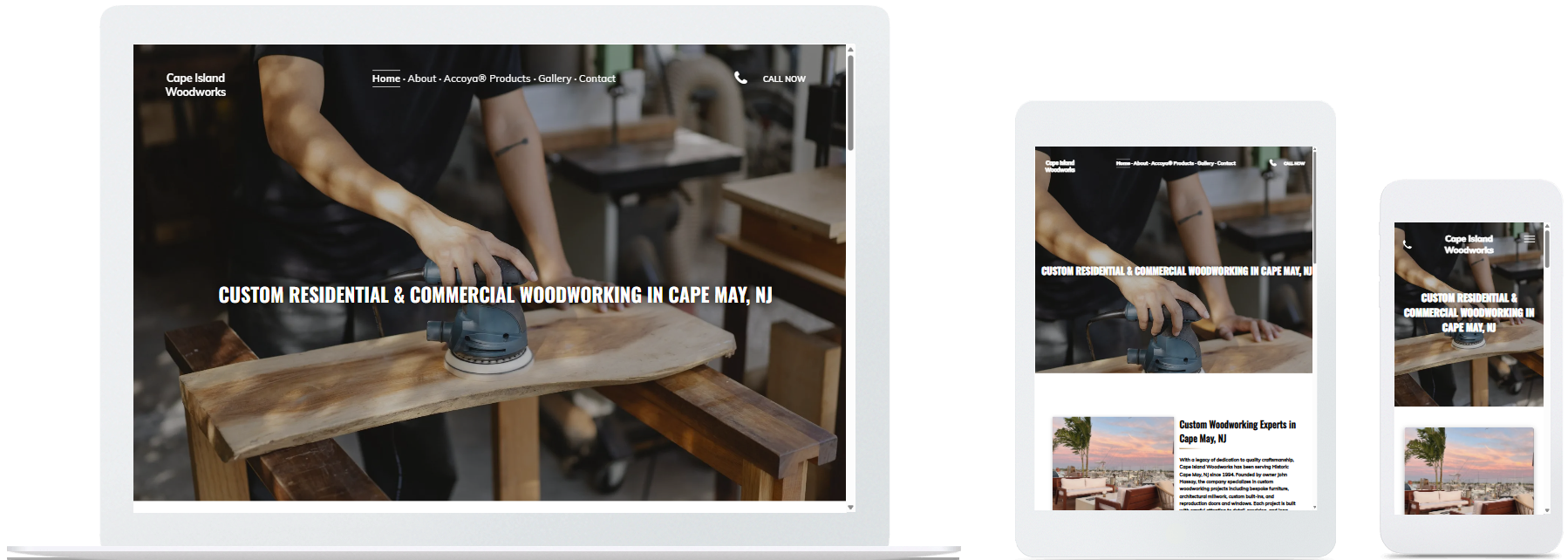 Cape Island Woodworks website displayed on a desktop, tablet and a cell phone