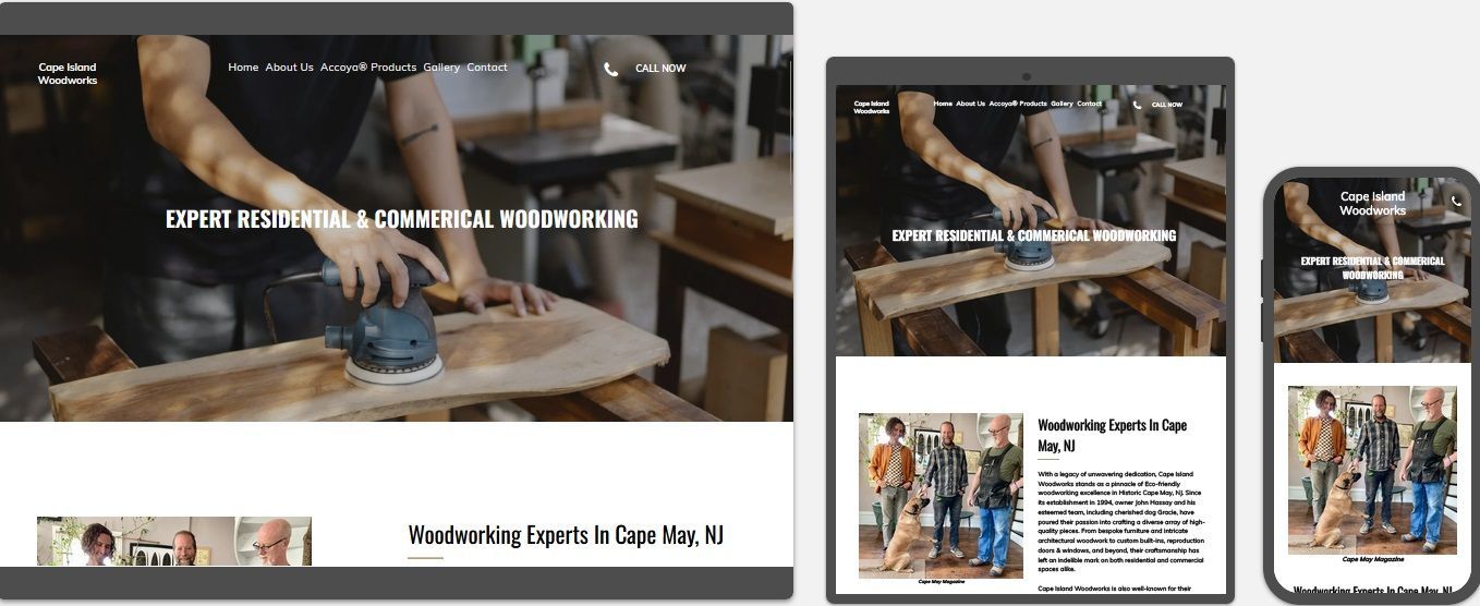 cape island woodworks website displayed on a desktop, tablet and a cell phone view