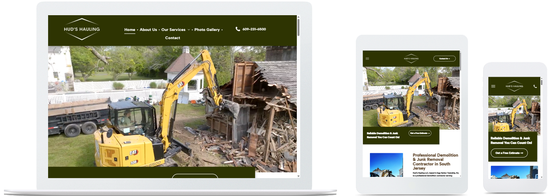 hud's hauling website displayed on a desktop, tablet and a cell phone view