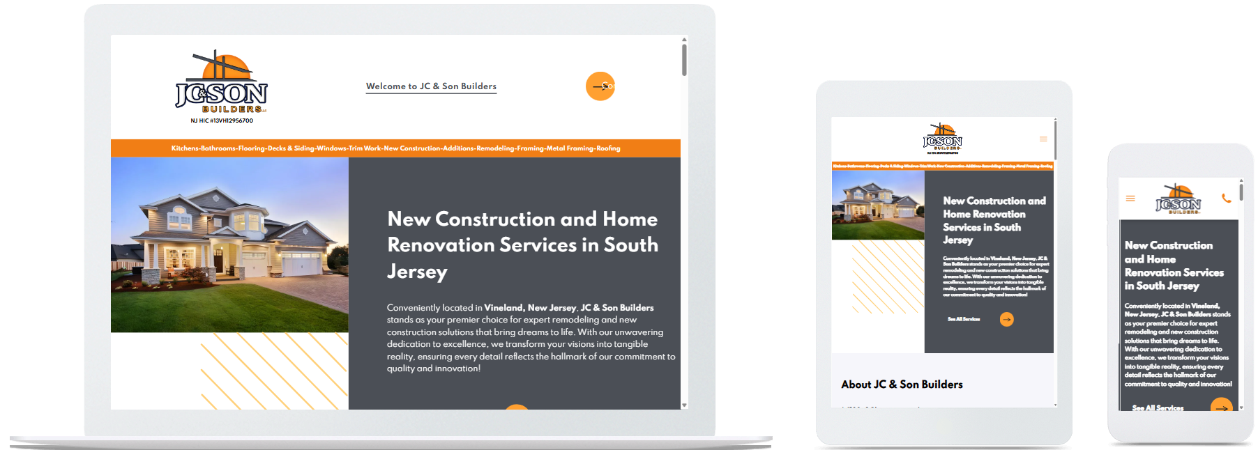 jc & son builders llc website displayed on a desktop, tablet and a cell phone view