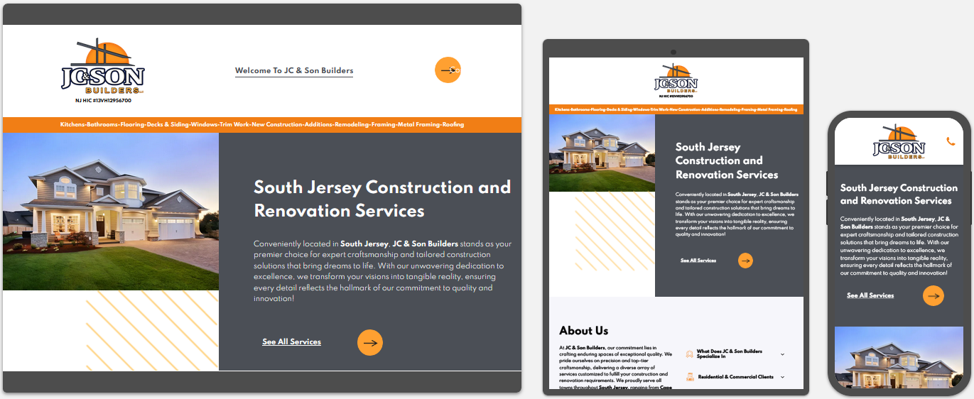 jc & son builders llc website displayed on a desktop, tablet and a cell phone view
