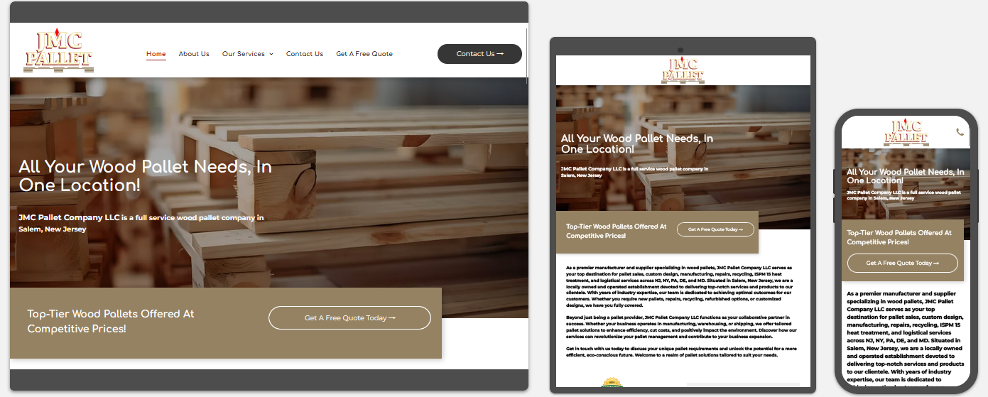 jmc pallet company llc website displayed on a desktop, tablet and a cell phone view