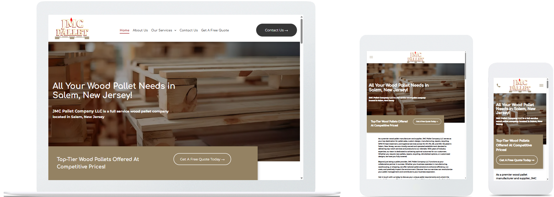 jmc pallet company llc website displayed on a desktop, tablet and a cell phone view