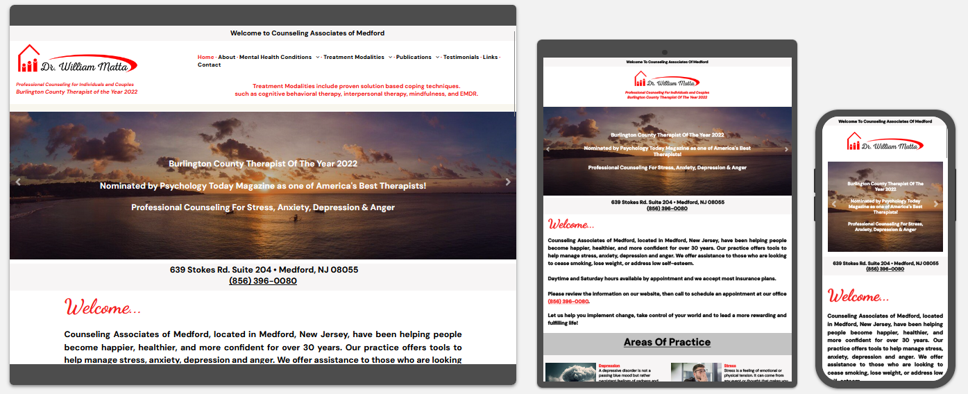 counseling associates of medford website displayed on a desktop, tablet and a cell phone view