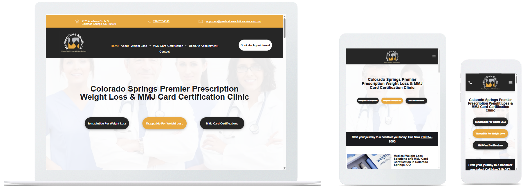 medical care solutions colorado website displayed on a desktop, tablet and a cell phone view