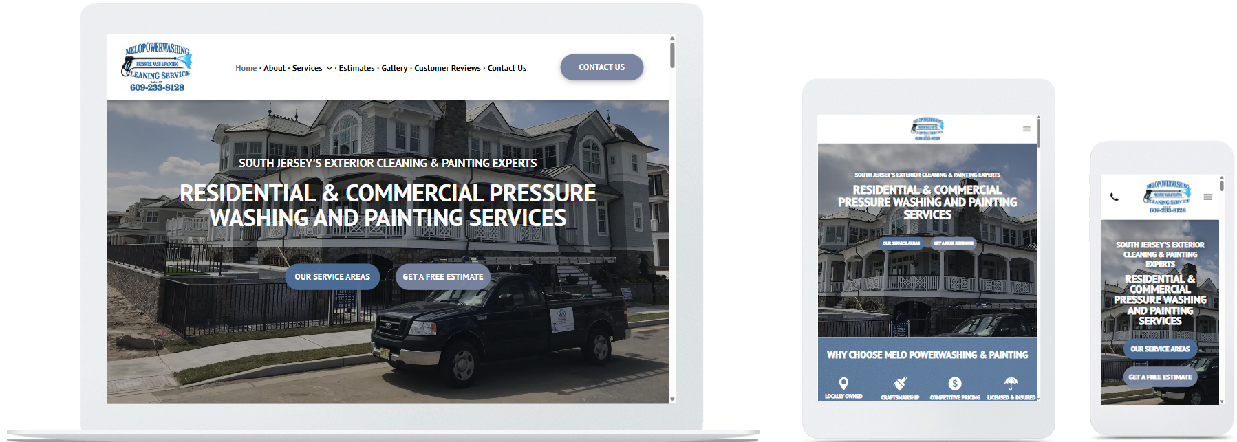 melo powerwashing website displayed on a desktop, tablet and a cell phone view