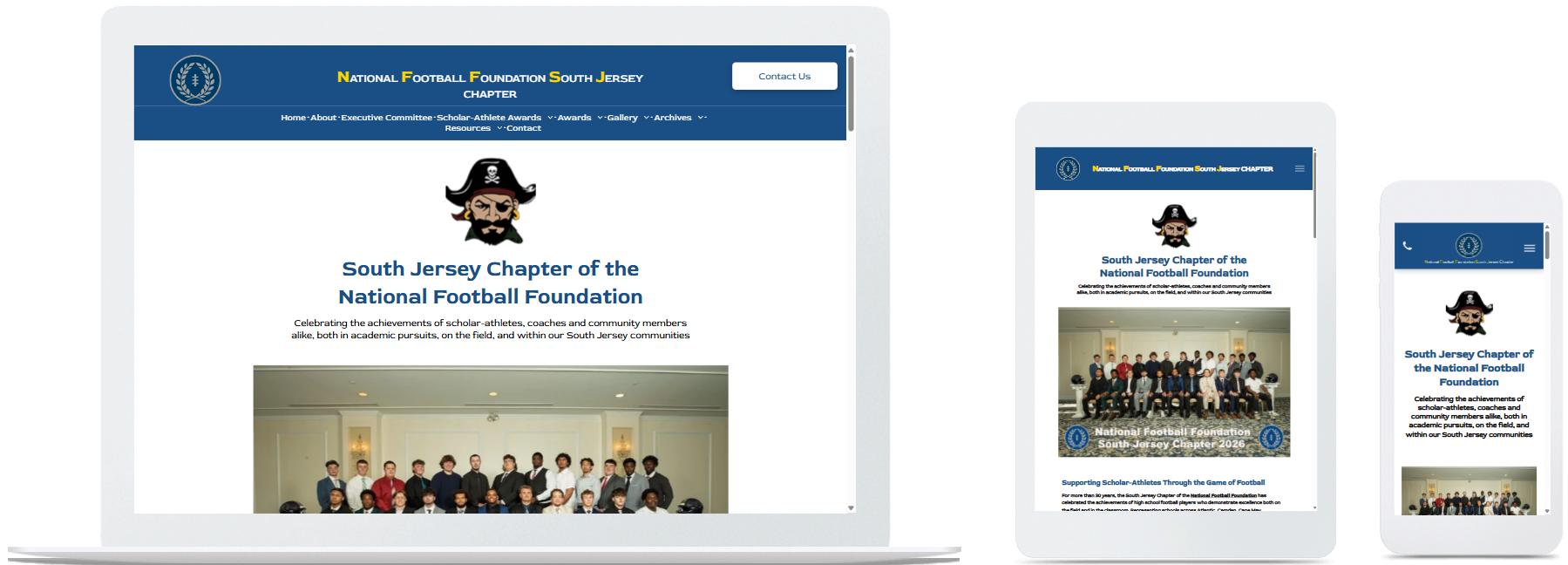 south jersey chapter of the national football foundation website displayed on a desktop, tablet and a cell phone view