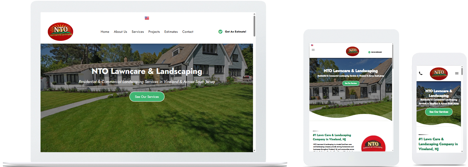 nto lawncare & landscaping website displayed on a desktop, tablet and a cell phone view