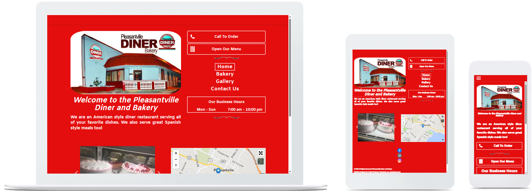 pleasantville diner & bakery website displayed on a desktop, tablet and a cell phone view
