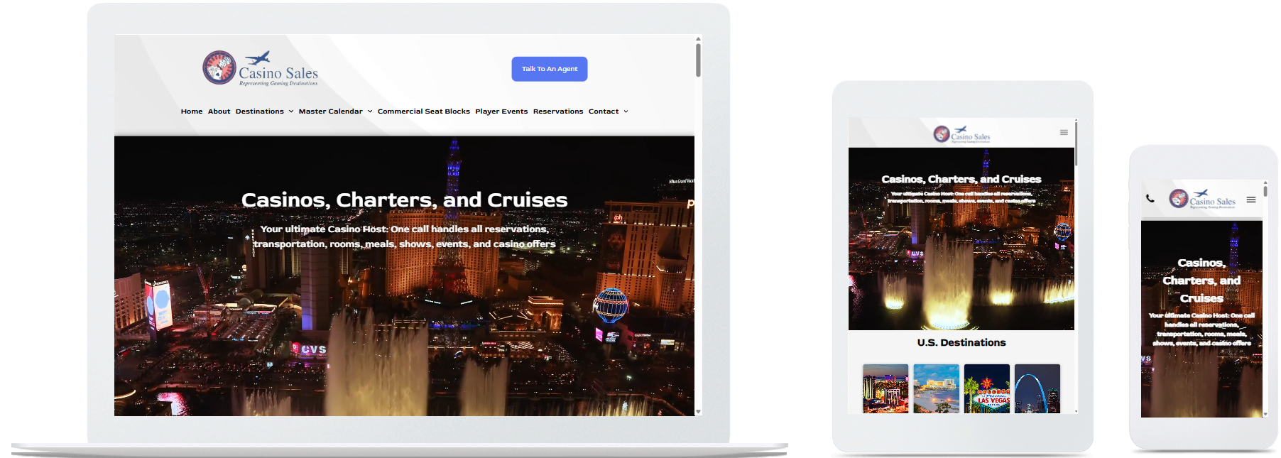 Responsive website mockup for Casino Sales International shown on desktop, tablet, and phone
