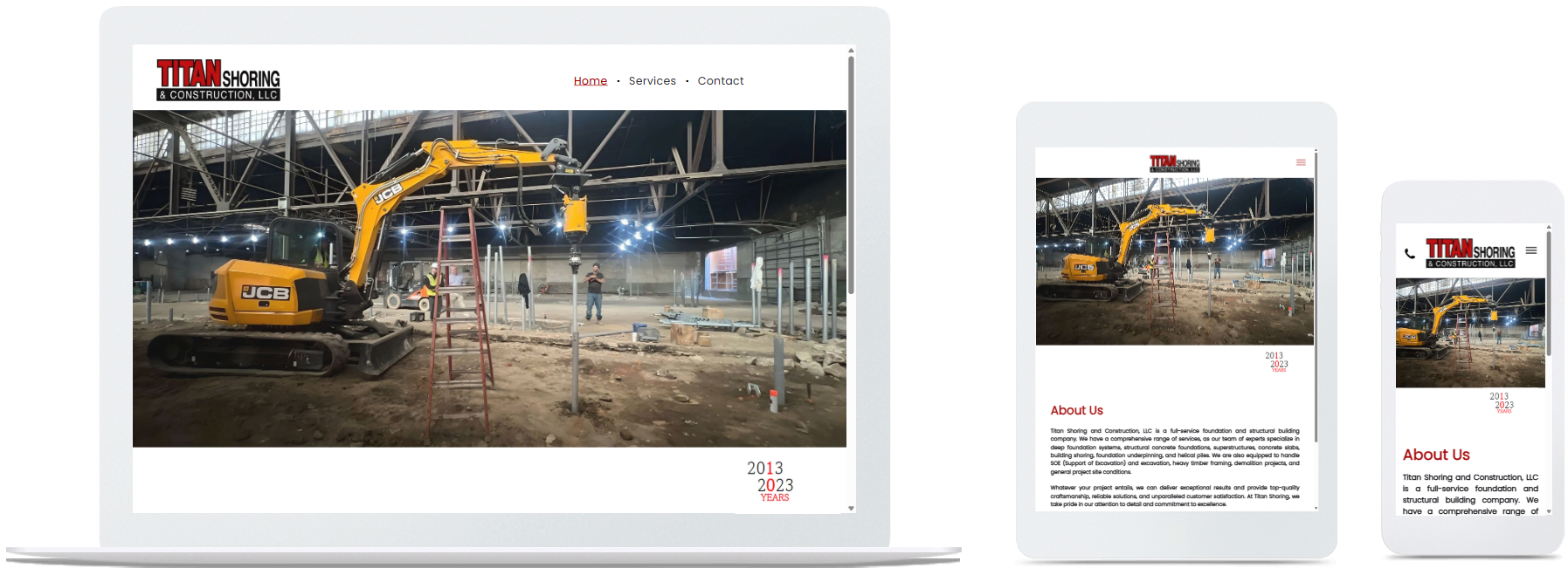 titan shoring & construction llc website displayed on a desktop, tablet and a cell phone view