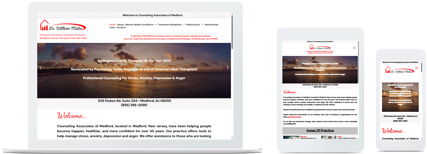 counseling associates of medford website displayed on a desktop, tablet and a cell phone view