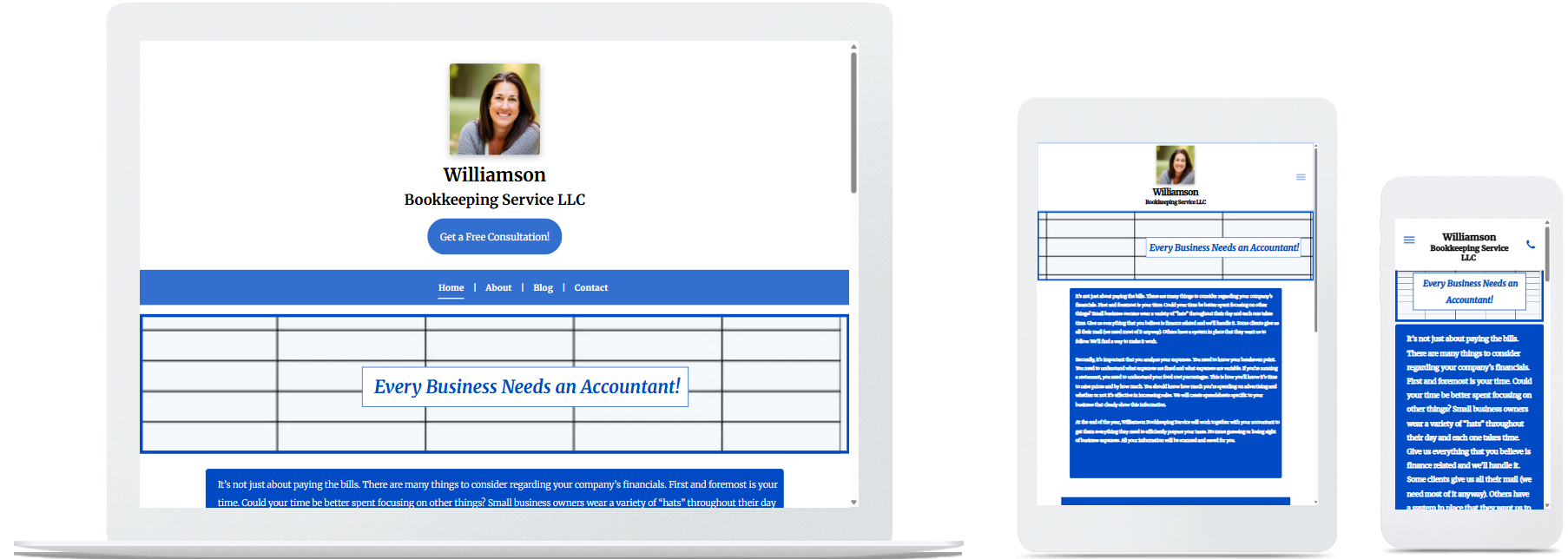 williamson bookkeeping website displayed on a desktop, tablet and a cell phone view
