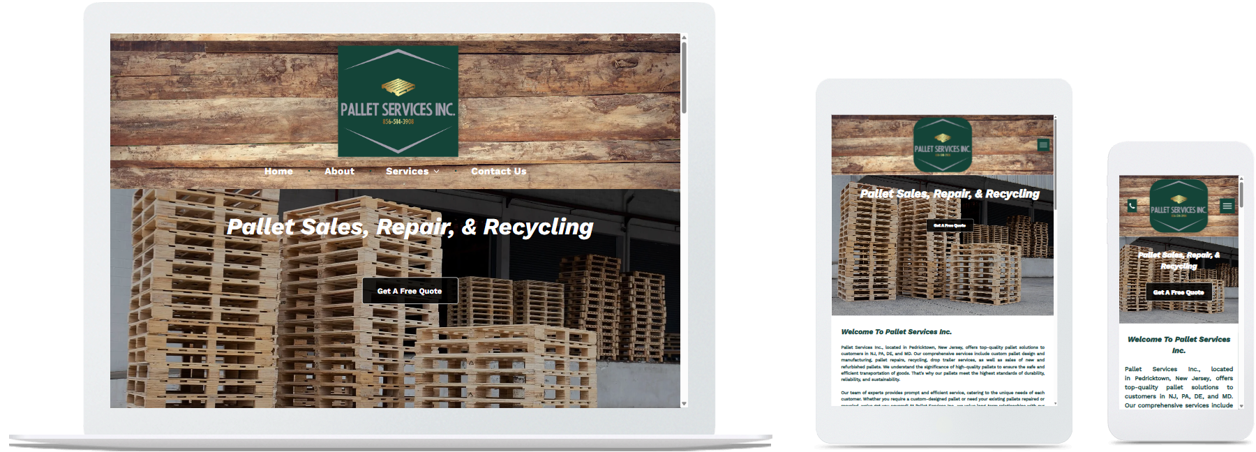 pallet services inc. website displayed on a desktop, tablet and a cell phone view